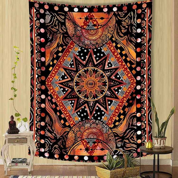 Indie Hippie Sun Moon Mandala Tapestry - Boho Psychedelic Orange Aesthetic Wall Decor for Bedroom Dorm 1 Indie Hippie Sun Moon Mandala Tapestry - Boho Psychedelic Orange Aesthetic Wall Decor for Bedroom Dorm