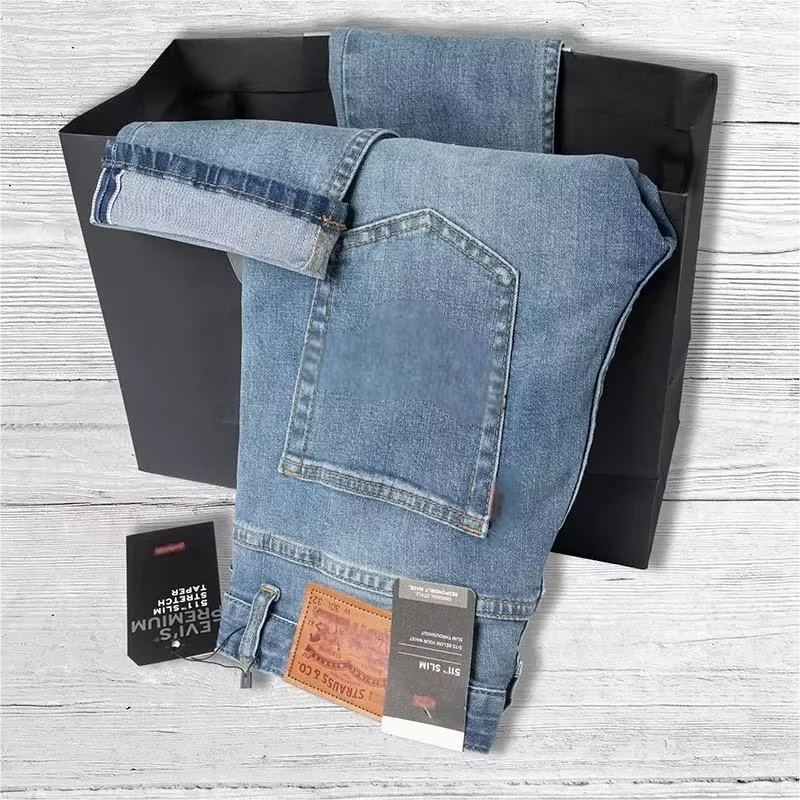 2025 New Autumn and Winter Washed Blue Jeans for Men, Slim Fit Elastic Pants, Printed Embroidery High-end Men's Jeans