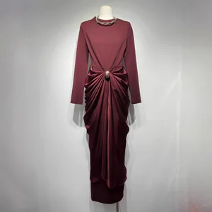 AELESEEN Factory Wholesale Autumn Winter O-Neck Midi Dress Luxury Women's Long Elegant Draped Party Vintage Dress Female