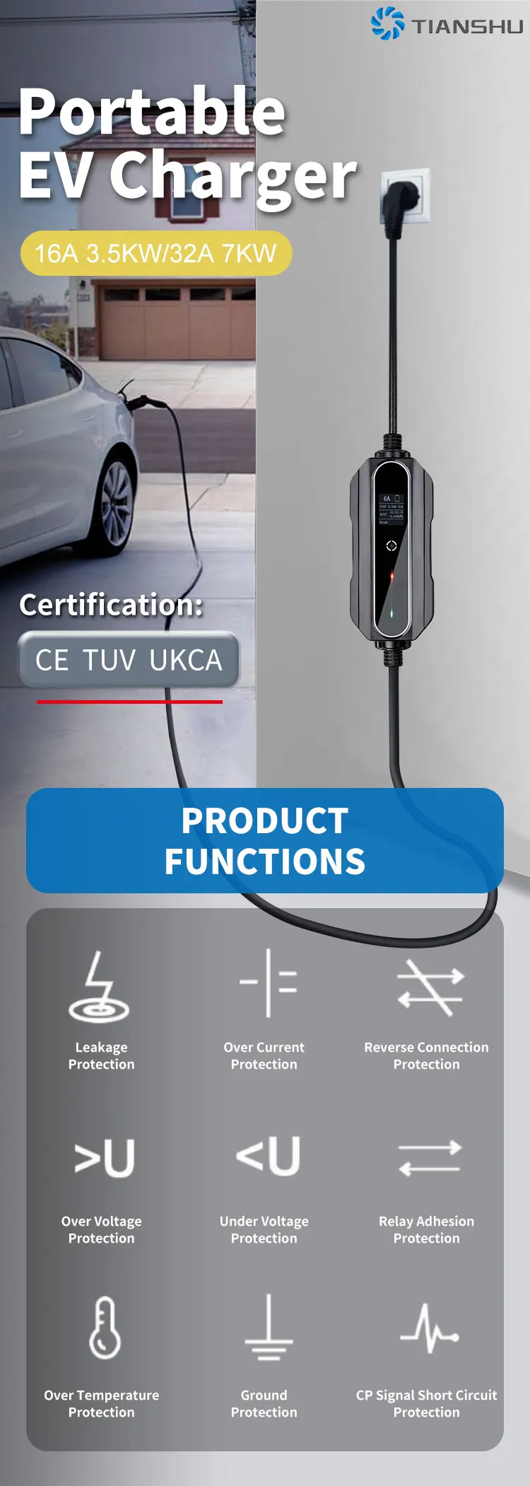 Tianshu New Energy Electric Car Charger Type 2 Ev Charger 16a 1 Phase ...