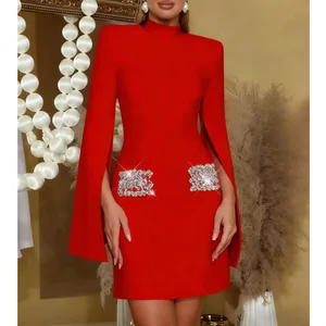 Factory Wholesale Mini Dress Women Spring Autumn Split Flare Sleeve Fashion Stand Collar Diamond for Bodycon Evening Dress