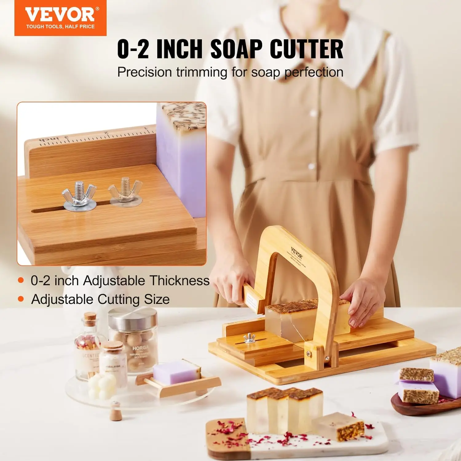 Soap Cutter Bamboo Soap Slicer with Adjustable Stainless Steel Wire, Multi Handmade Soap Wire Cutter DIY Making Cutting Tool