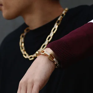 Unisex Fashion New Design Stainless Steel Square Cuban Link Chain Necklaces Gold Plated Iced Out Zircon for Gift