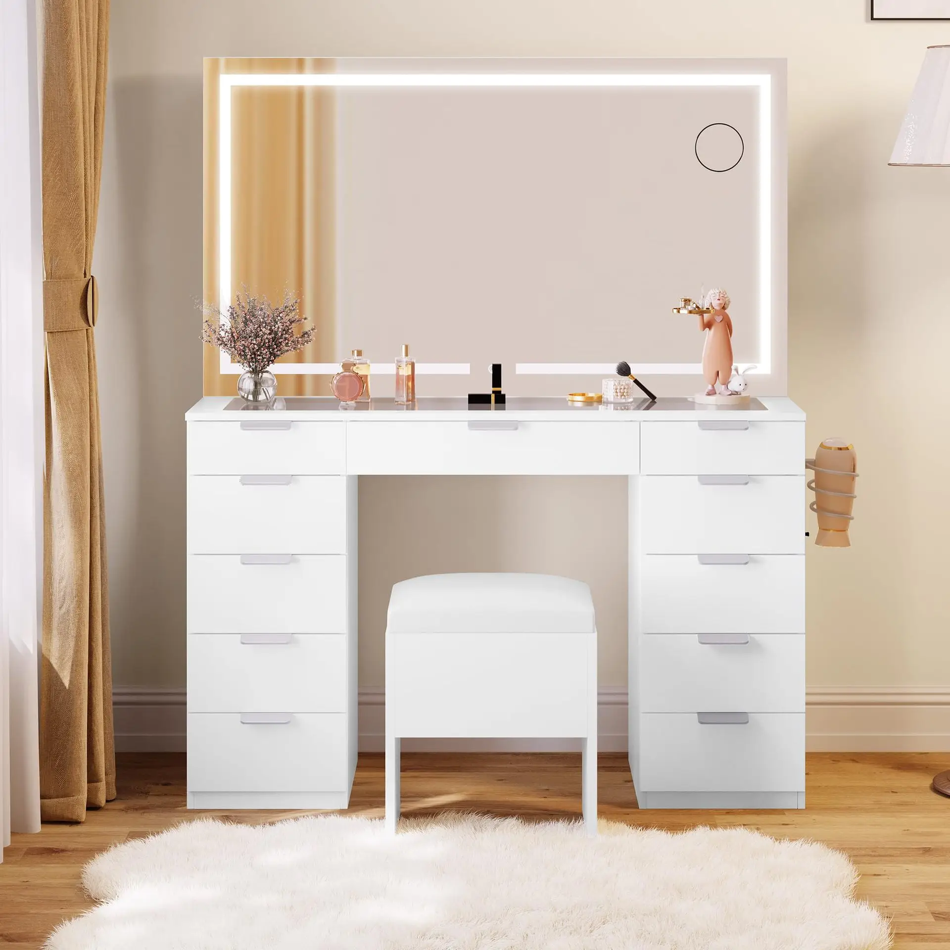 Customized Modern Style Vanity Desk for Children Lighted Mirror Makeup Dressing Table with Storage Furniture Wood Iron Material