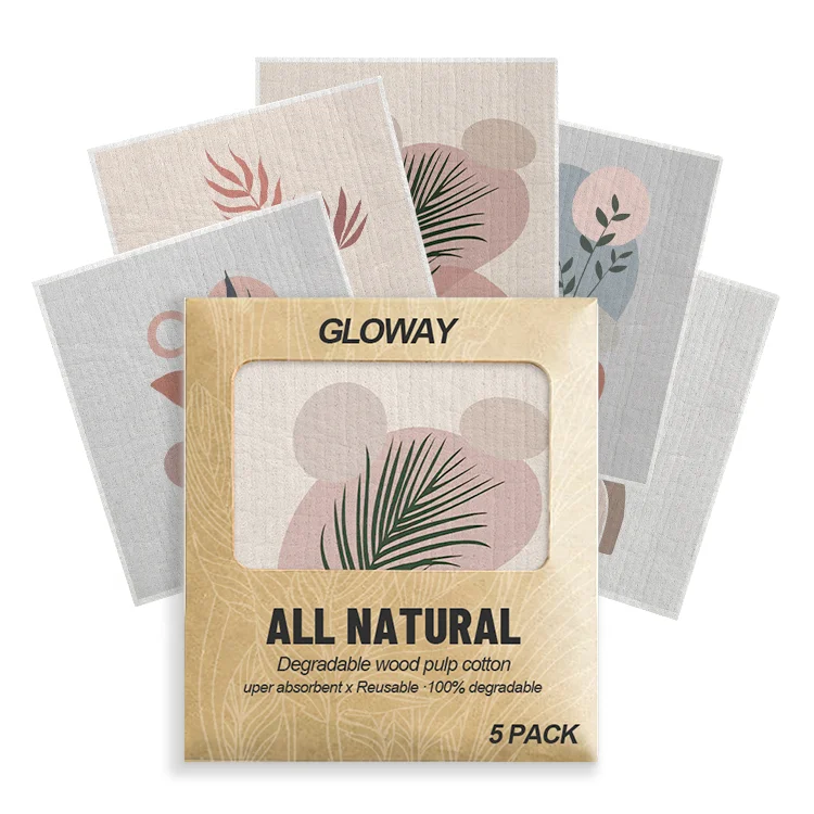 Gloway Wholesale Set of 5 Custom Printed Biodegradable Kitchen Cleaning Dishcloth Cellulose Sponge Cloth Swedish Dish Cloth