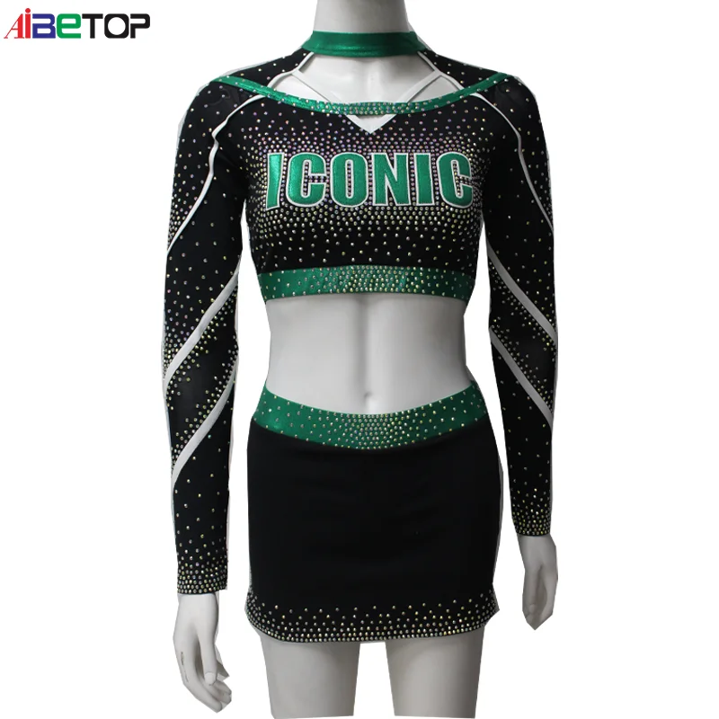 Black Cheerleading Uniform With Green Metallic Crop Top And Skirt The ...