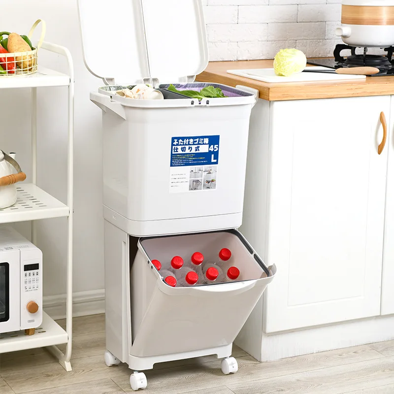 Japanese Style Double Layer Classify Household Plastic Double Bin Trash Garbage Can Waste Bin with Wheels