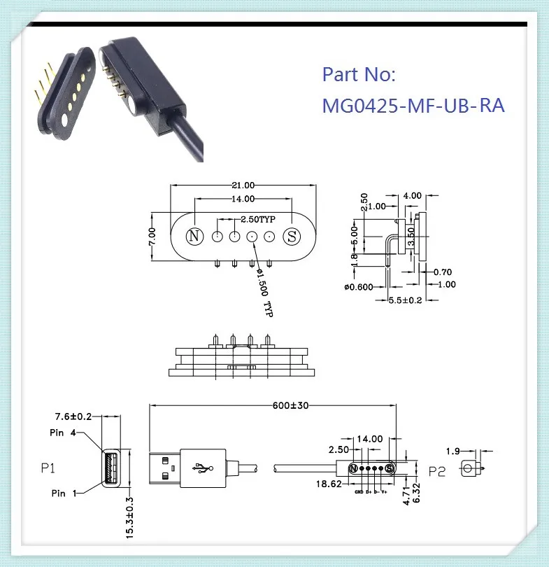 Magnetic Spring Loaded Pogo Pin Connector 4 Pin Pitch 2.5 Mm Data ...