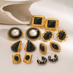 Ins Hypoallergenic Black Agate Stud Earrings Gold Plated Stainless Steel Geometric Chunky Statement Jewelry