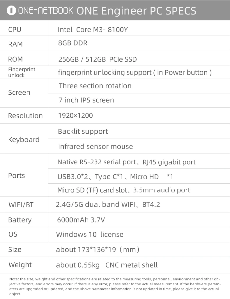 Original One-Netbook A1 Engineer PC 7 Inch Mini Laptop 8GB+512GB