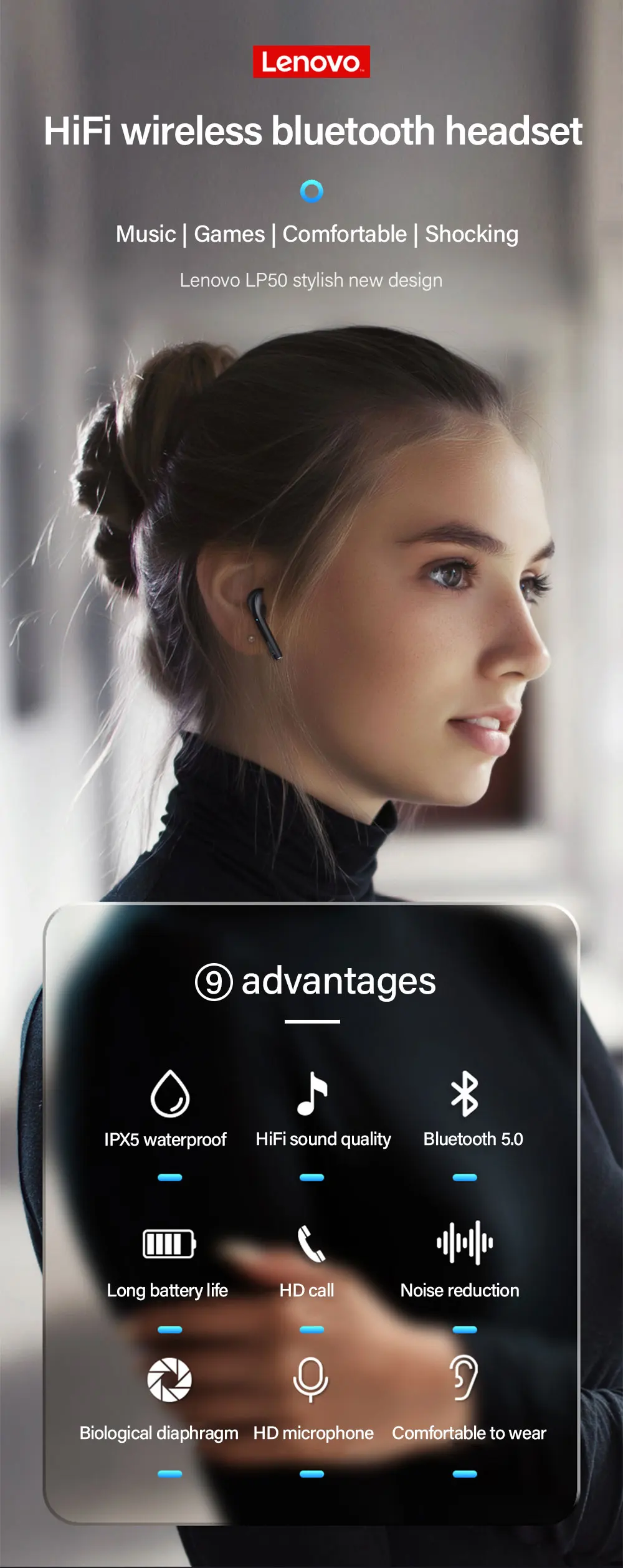 批发原装联想lp50真无线tws游戏耳机bt5.