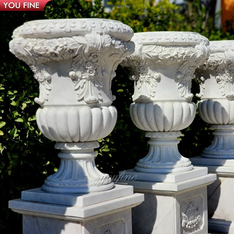 Outdoor Hand Carved Garden Natural Marble Flower Pot Marble Planters ...