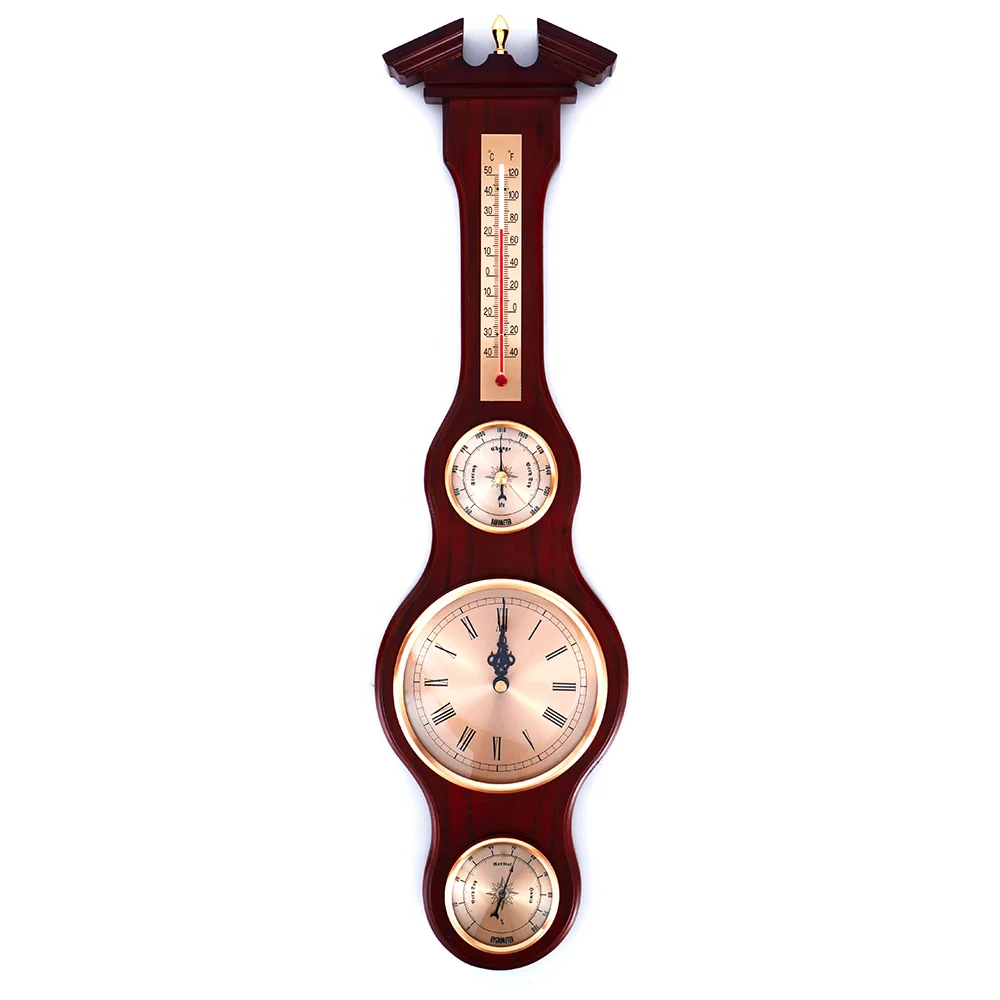 Free Samples Multi-function Wooden Weather Station Mechanical Clock Analog Barometer Thermo Hygrometer
