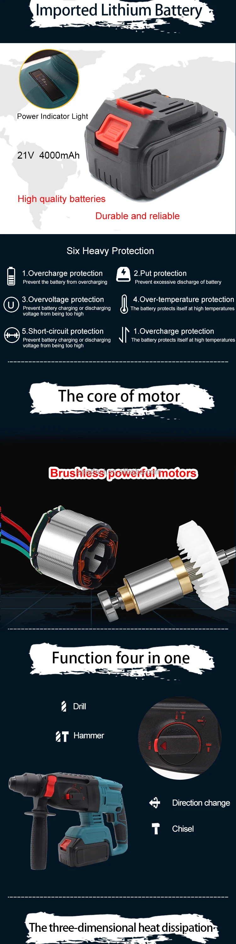 PERFECT 21V brushless rotary power dril cordless hammer with battery