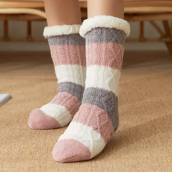 Dropshipping warm soft thick adult black gray strip unisex soft cosy home sleep floor fuzzy slipper winter cashmere socks women