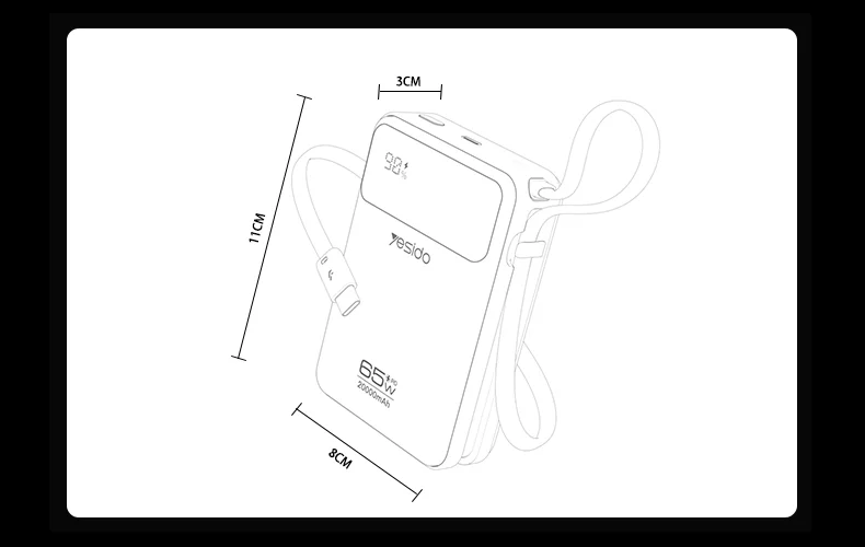 Yesido 20000mAh PD65W Fast Charging Digital Display With 40cm Long Type-C Cable Power Bank Rechargeable Notebook YP97