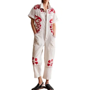 New Arrival Fashionable 2026 Women's Hip Hop Style Jumpsuit Floral Print Twill Denim Overalls High Waist Waterproof Oversized