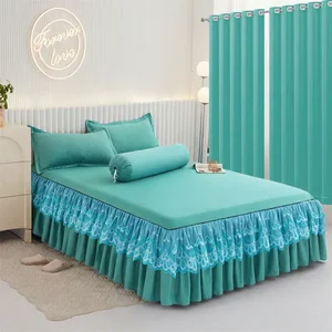 Solid Color Luxury 6-Piece Set King Lace Bed Skirt Curtains Wrinkle-Resistant Polyester Bedding Ensemble for Home Hotel Decor