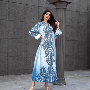 Wholesale New Fashion Printed V-Neck Loose Women's Beaded Rhinestone Muslim Robe Dress