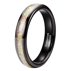 Coolstyle Jewelry Wholesale 4mm Black Tungsten Ring for Men Women Genuine Opal Inlay Fashion Jewelry Engagement Wedding Band