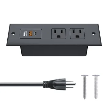 White Recessed Power Strip - 2 Outlets, 3 USB Ports (USB-C PD 20W), 6.5ft Cord, For Desk & Table Installation