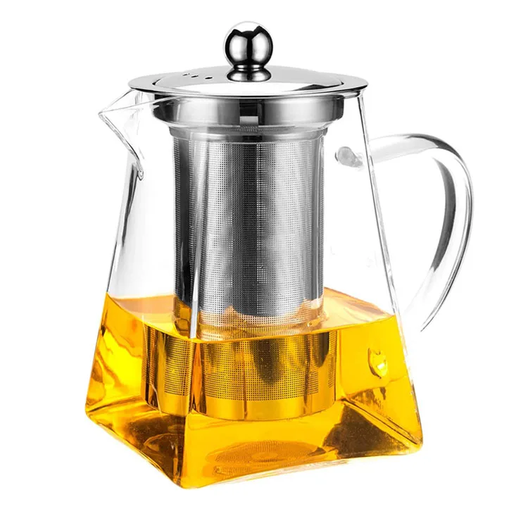 Hot Sale 350ml 550ml 750ml 950ml Square Borosilicate Glass Teapot Decorative Tea Kettles with Stainless Steel Infuser