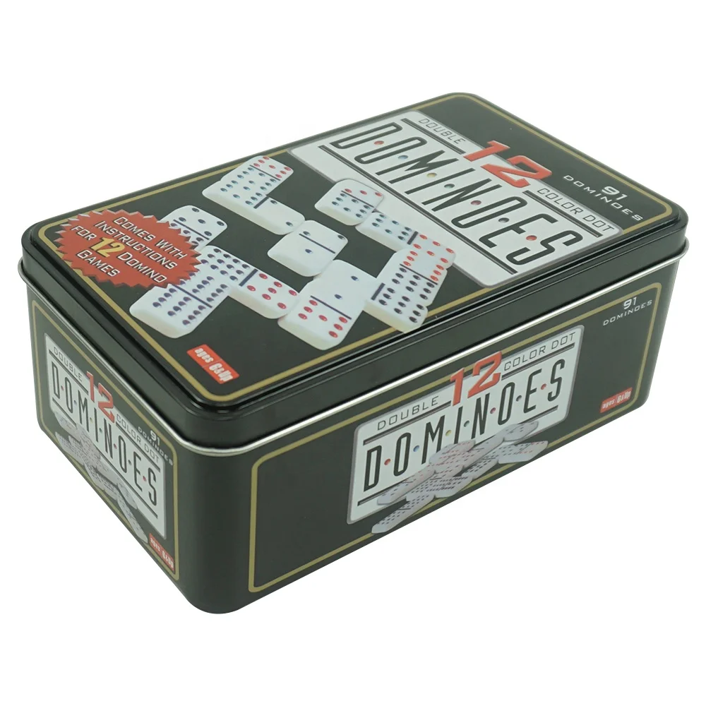 Brimtoy Jeu De Dominos Double 12 – 91 Pièces – Taille Compétition 50x25x7 Mm – Points Colorés – Boîte Métal Robuste
