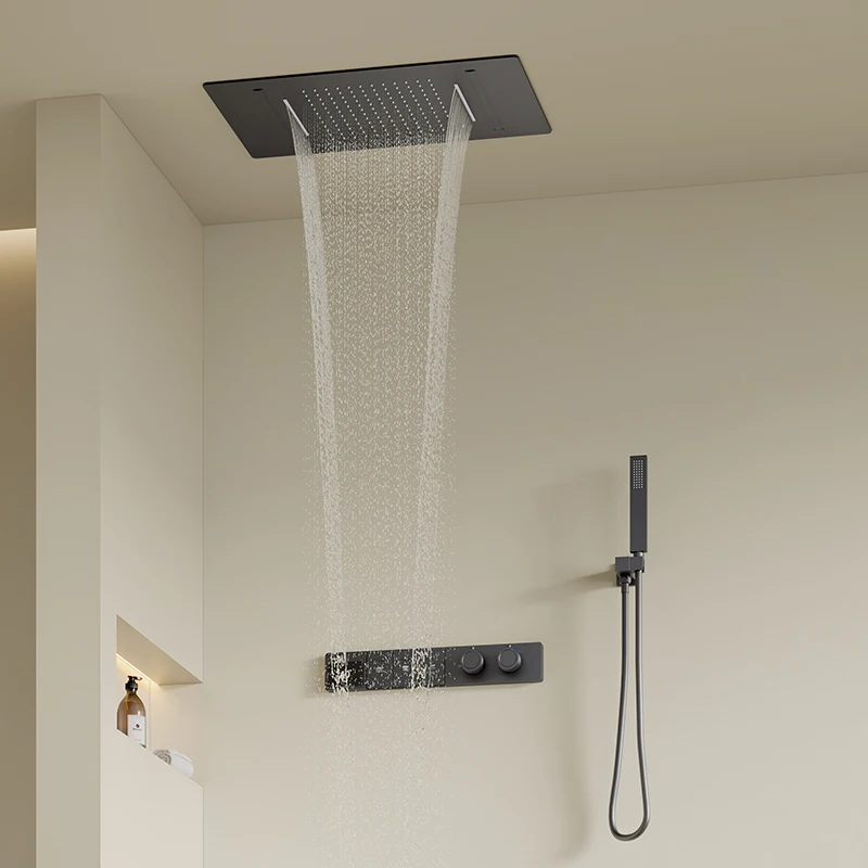 Gun Grey Concealed Waterfall Shower System Digital Shower Set Modern Thermostatic Ceiling Shower