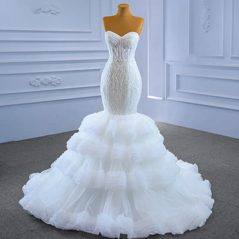 Rsm67347 Lace up Tiered Detachable Sleeve Sweetheart Mermaid Wedding Dress