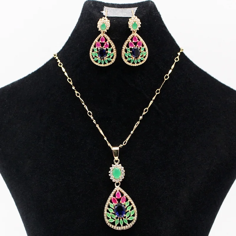 Wholesale luxury waterdrop gemstone CZ zircon gold necklace earrings bridal jewelry set