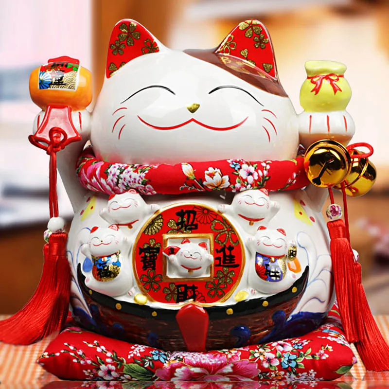 Estatua de gato de la suerte de porcelana, Maneki Neko de cerámica