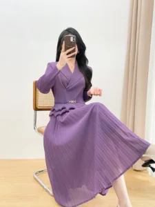 Vibrant Orange Blazer Dress Women's Ruffled Waist Pleated Maxi Dress Office Formal Belted Long Dress