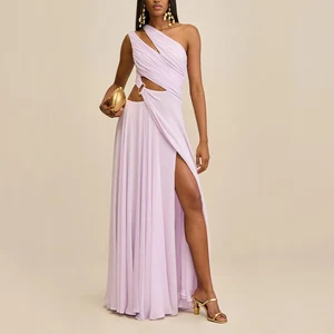 ZYHT 73995 Hollow Out Pink Chiffon High Split One Shoulder High End Women Lady Luxury Evening Party Club Dress