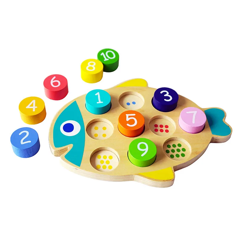 Wooden Math Blocks Gift toy Montessori Educational Toy colored 1-10 number blocks with fish shape board