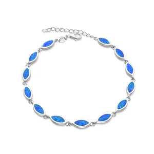 925 Sterling Silver Solid Blue Stone Opal Bracelet for Women Rhodium Plated for Anniversary Fashion Jewelry