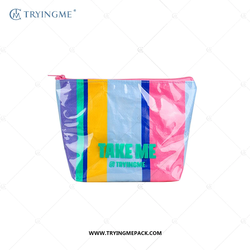 Custom PVC Holographic Striped Zip Makeup Pouch for Women Fashionable PVC Woven Zipper Bag with Logo Laser Plastic