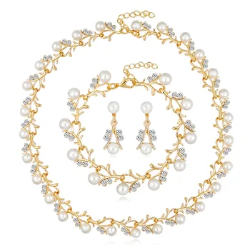 RFJEWEL Bridal Jewelry Necklace Earrings Bracelet Set Plated for Wedding Dress Gold with Pearl Stone Cheap Price Luxury Romantic