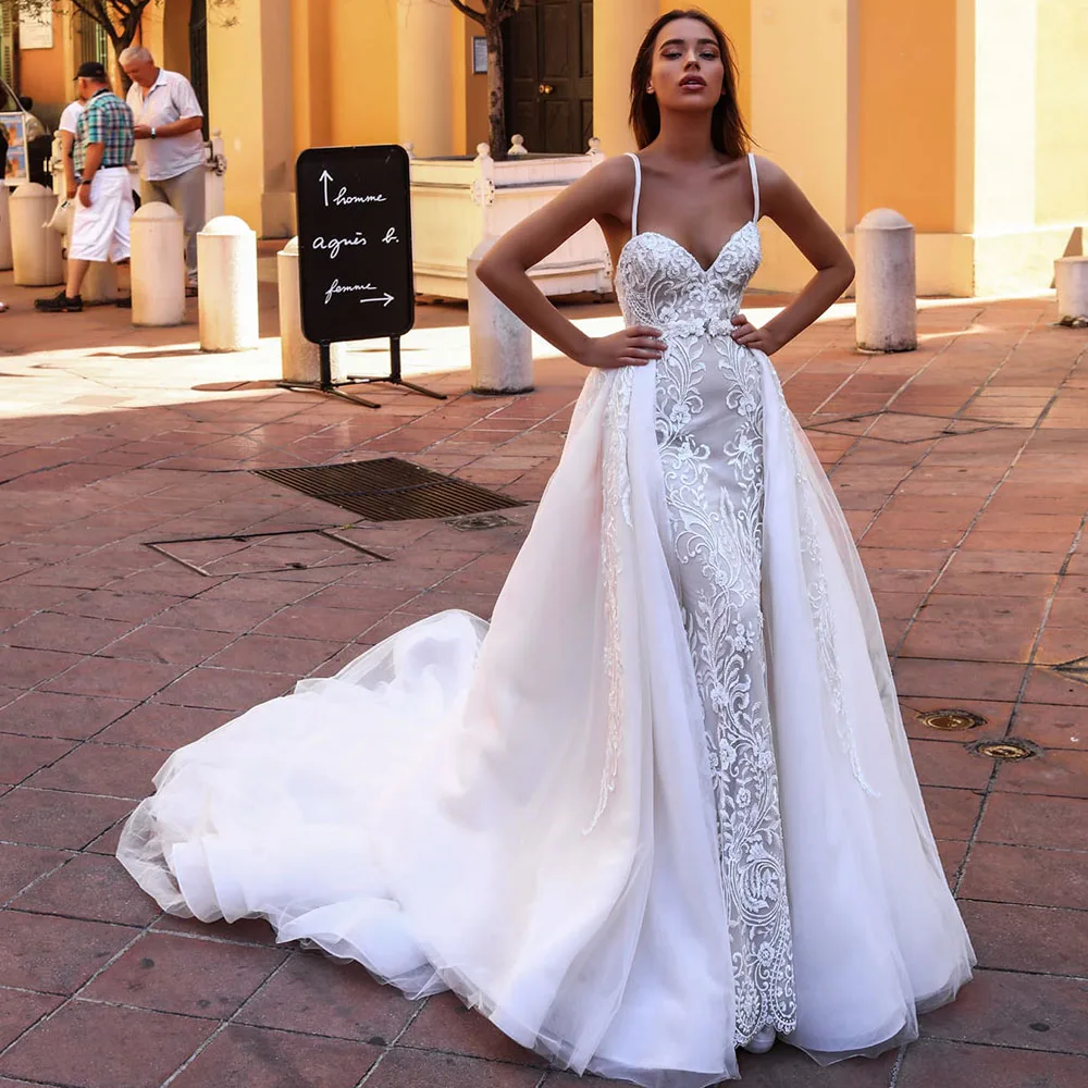 Mermaid Sweetheart Spaghetti Straps Backless Wedding Dresses Appliqued  Flowers Pearls Detachable Skirt 2025 New Long Bridal Gown| Alibaba.com