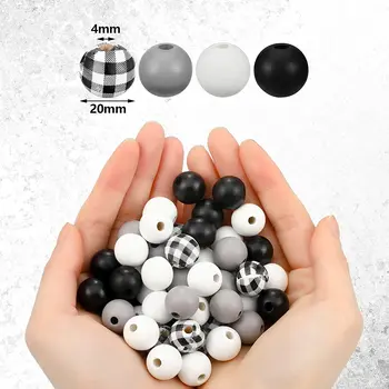 Black White Plaid Wood Beads 16mm Rustic Farmhouse Natural Handmade Polished Round Beads for DIY Crafts Garland Making