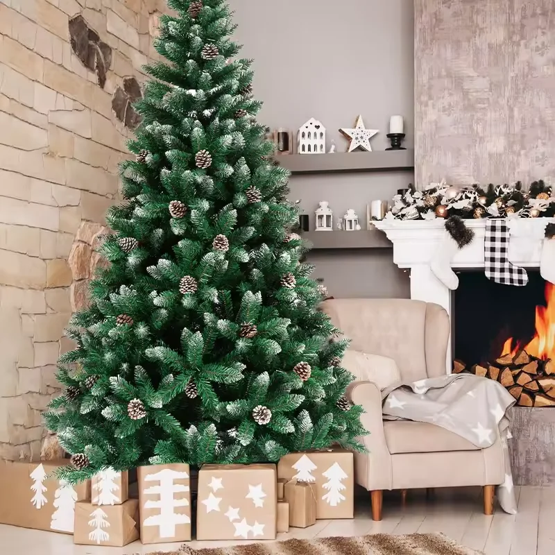 Promotional Cheap Artificial Christmas PVC Tree with White Glitter and Pine Cone Silver Berry for Home Office Holiday Decor