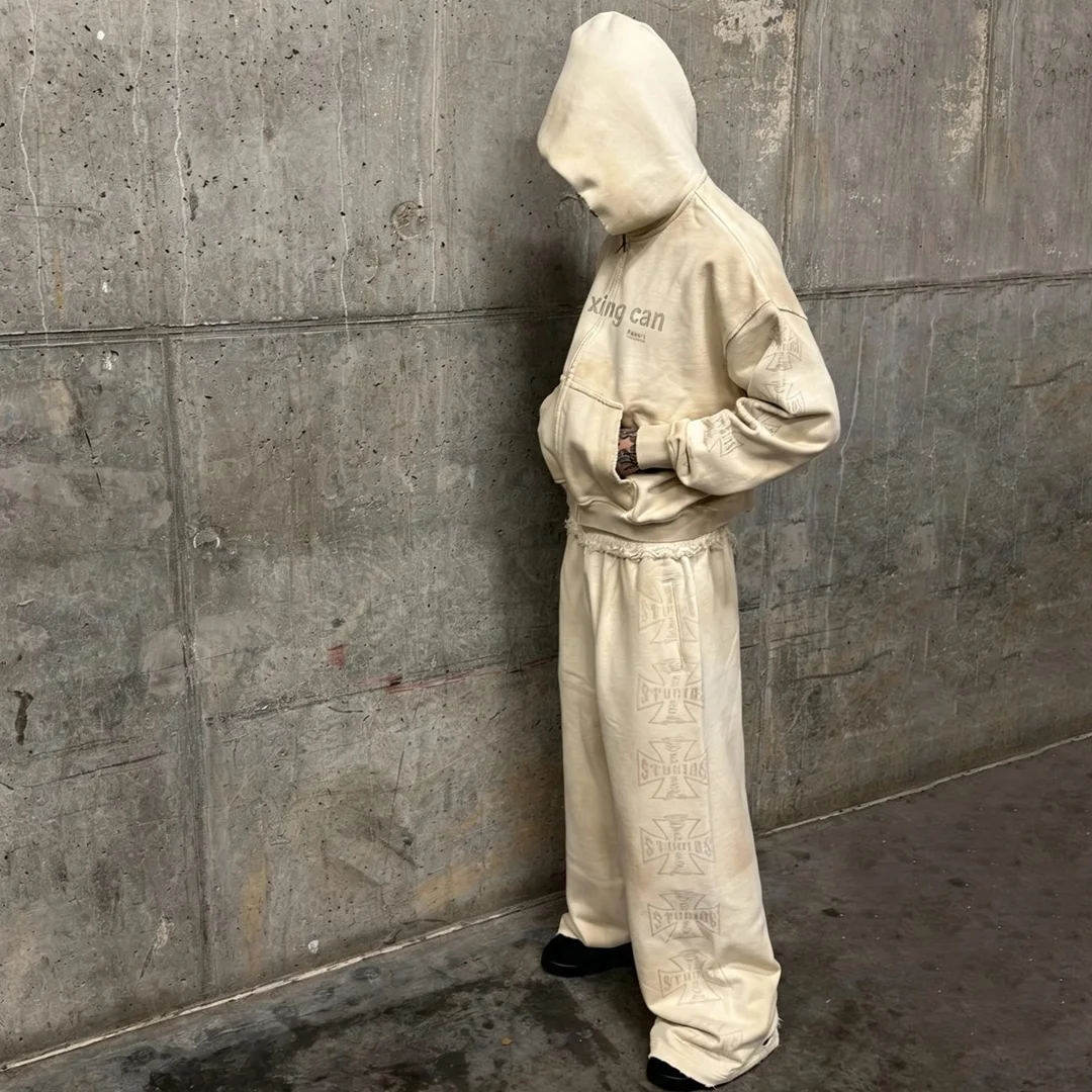 Producent af brugertilpasset tøj med logo – tungt fleece-fodret hoodie-tracksuit med hotfix-varmeoverførselstryk – tilpasseligt sportstøj