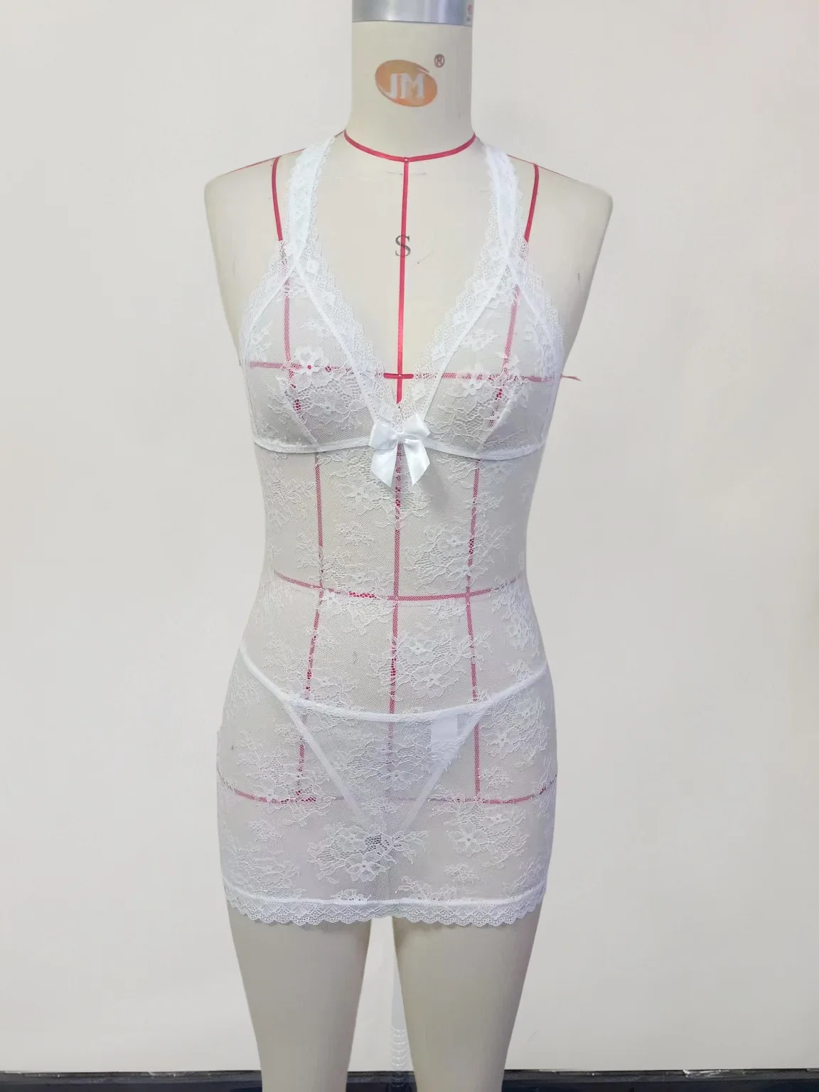 Women's Sexy V Neck White Lace Babydoll with Thong Transparent Pajamas With Pearl Shoulder Strap
