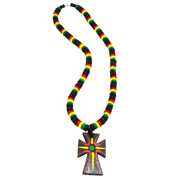 Jamaican Coconut Shell Necklace Hip-hop Coco Beads Reggae Rasta Necklace With Cross Wood Rasta Painted Pendant for Men's Jewelry