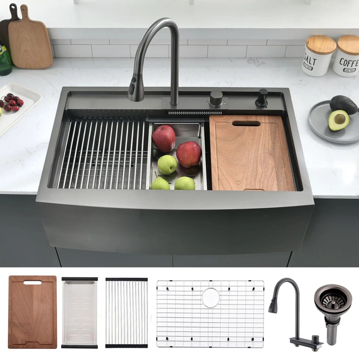 New Arrival Farmhouse Kitchen Sink Ledge Workstation Deep Single Bowl Stainless Steel Under Counter Kitchen Sink with Waterfall Faucet