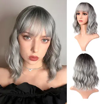 Wavy Wig Short Fluffy Bob Curly Wig With Bangs Synthetic Heat Resistant Fashion Hairstyles For Women Cosplay Party Wig-12" ,Natu