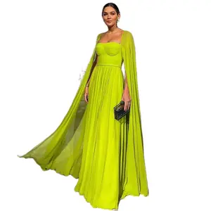 Modern Elegant Lemon Yellow Dubai Evening Gown Ball Gown Silhouette Cape Sleeves Plus Size Wedding Party Prom Long Feathers