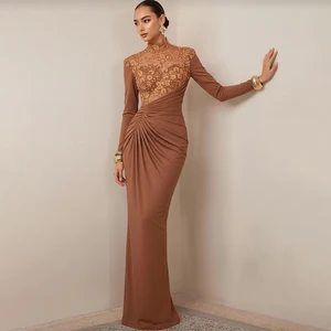 ZYHT 73953 Elegant Luxury Brown Flower Floral Lace Patchwork Jersey Stretchy Long Sleeve High Neck Spring Party Dress
