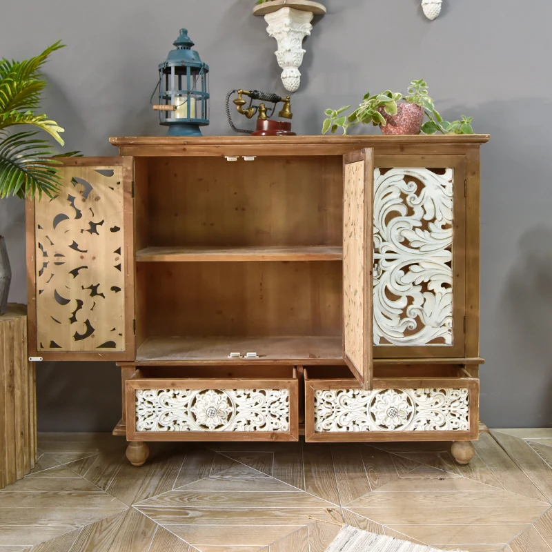 INNOVA Rustic White 3 Doors 2 Drawers Dinning Room Corner Sideboard Accent Wood Carved Storage Cabinets for Living Room
