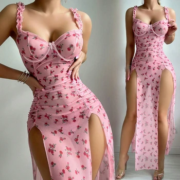 High Quality Sexy Printed Chiffon Pajamas Push up Bra Transparent Thongs Lace Flower Nightdress Women Long Slit Beach Dress