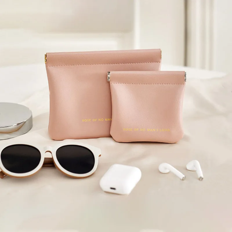 Premium PU Custom Snap Closure Makeup Bag Brown Minimalist Design Travel Cosmetic Pouch Automatic Closing Toiletry Bag for Women